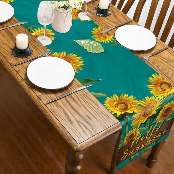 Summer Table Runner Hello Sunshine Sunflower Dark Green Party Decor 13 x 72 Inch - Picture 3 of 4